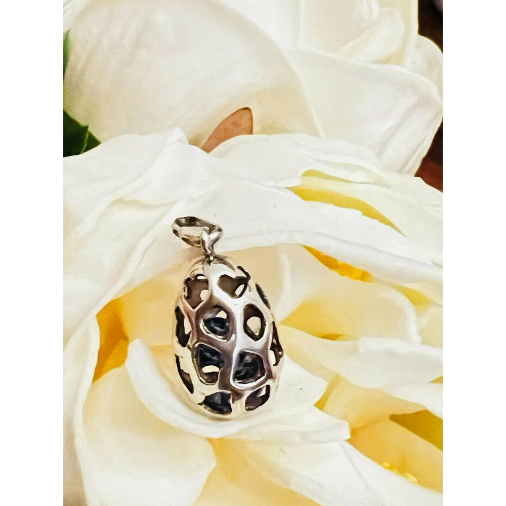 Faberge Sterling Silver BLUE Purple Egg Pendant Russian Necklace Jewelry Hearts